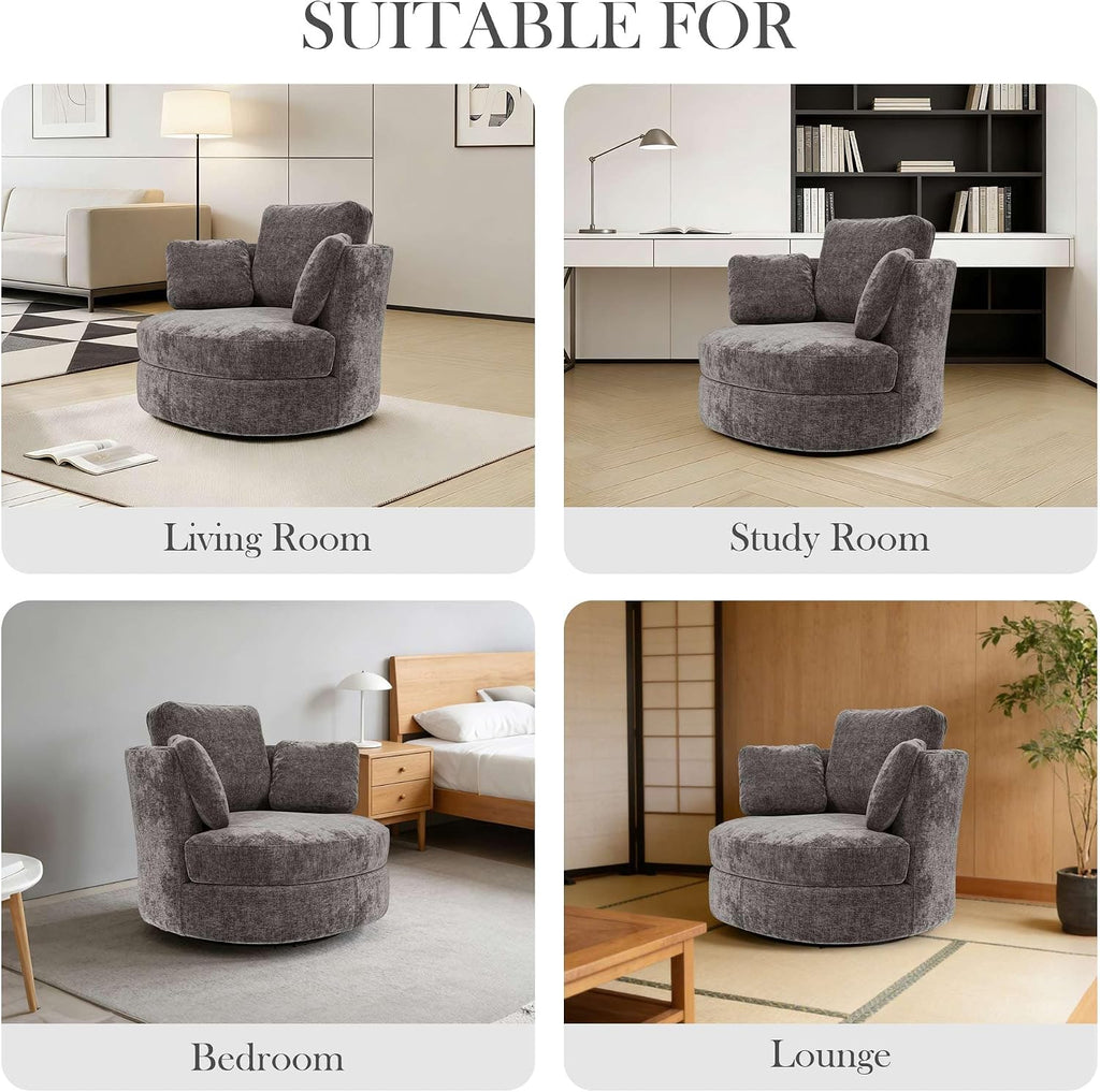 Aoiy & Wifon 40.55'' W Swivel Accent Chair, Round Arm Barrel Chair with 3 Pillows for Living Room/Bedroom/Apartment, Chenille, Gray