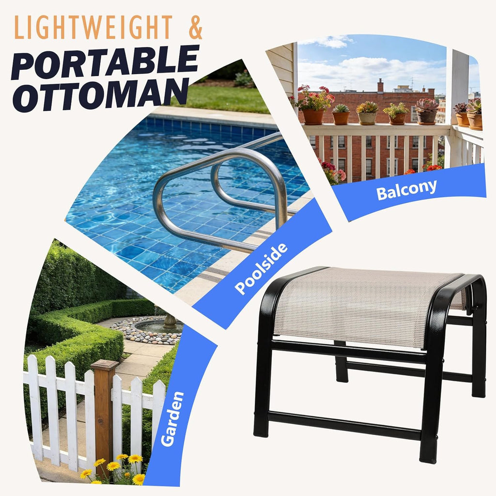 Patio Outdoor Footstool 2 Set, Sturdy Textile Stackable Ottoman Small Seat for Garden Beige