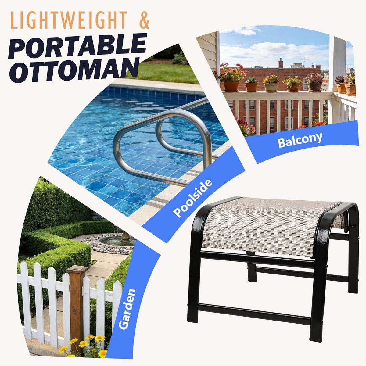 Patio Outdoor Footstool 2 Set, Sturdy Textile Stackable Ottoman Small Seat for Garden Beige