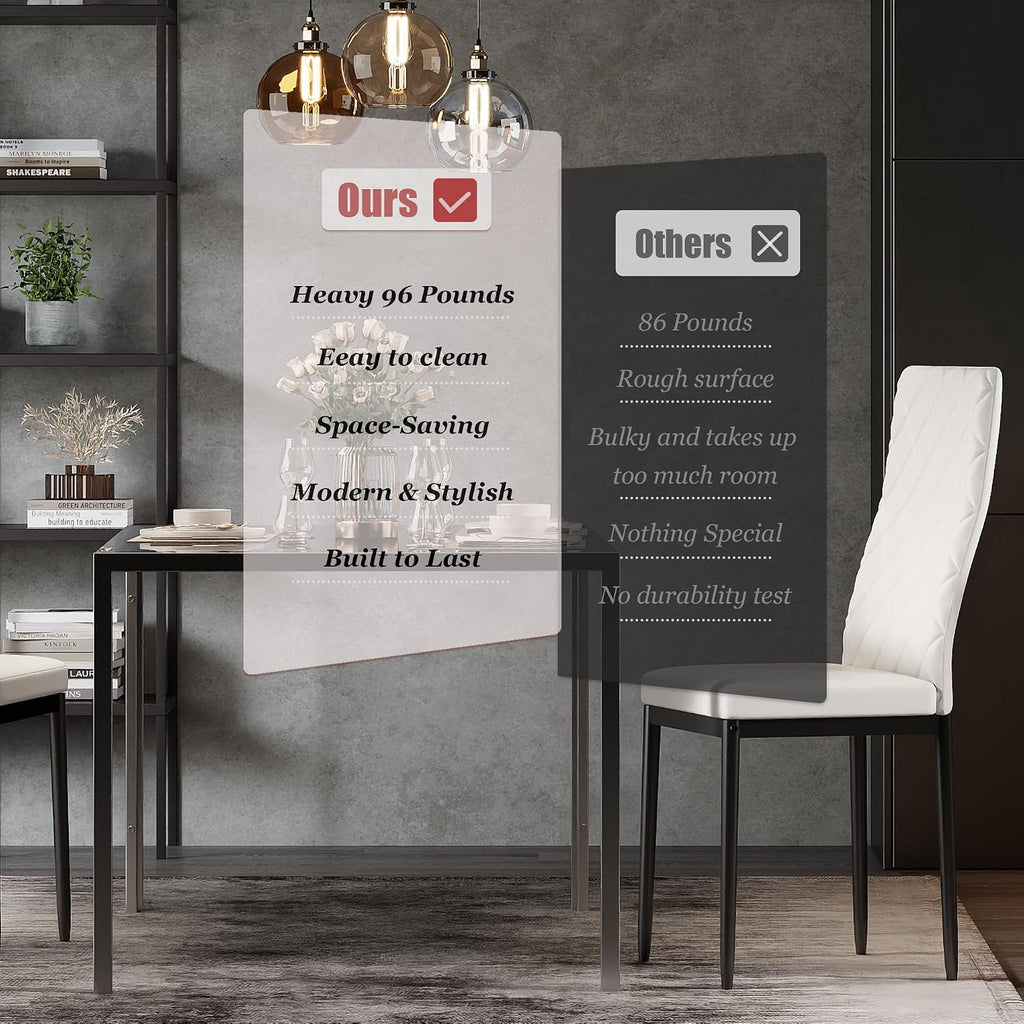 Dining Table Set for 4, Kitchen Table and Chairs Set of 4, 5 Piece Modern Dining Room Table Set with Tempered Glass Top and PU Leather Chairs for Small Space, Apartment, Poker