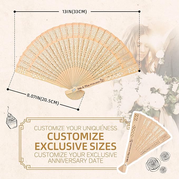 50pcs Personalized Wedding Fans for Guests - Custom Wooden Hand Fans with Names/Dates - Bulk Wedding Favors for Bridal Shower, Baby Shower & Parties (Wood, 50pcs)