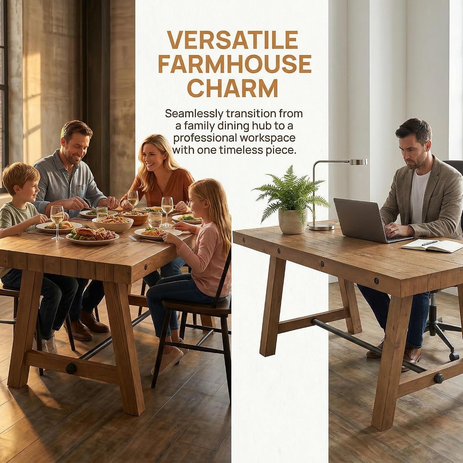 Rustic Dining Table for 4-6 People, 59" Farmhouse Rectangular Kitchen Table, Reclaimed Solid Wood Dining Room Table with Trestle Base for Kitchen/Dining Room, Home Office, Rustic Brown