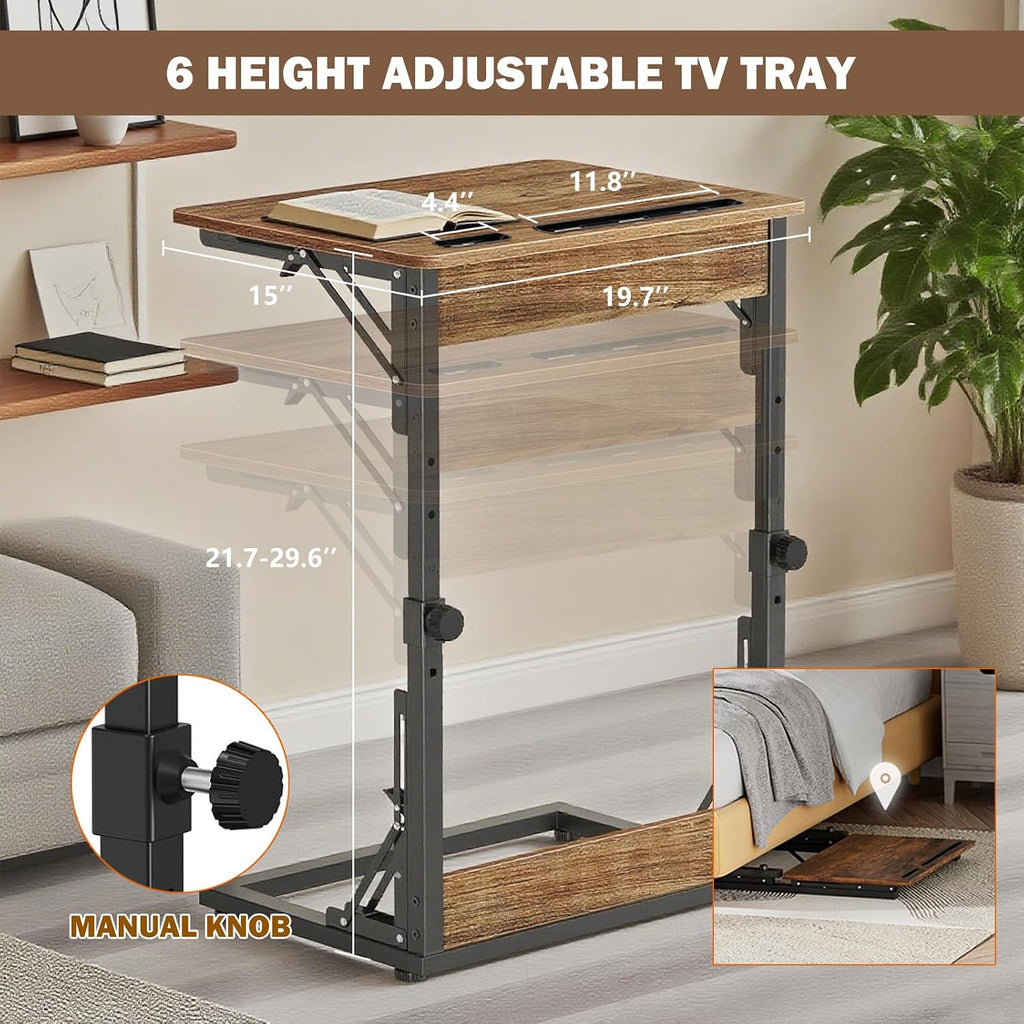 Folding TV Trays Set of 2 , Adjustable Height TV Trays for Eating on Couch | TV dinner tray table with tablet&phone slots,c shaped end table,laptop desk for sofa,bedside,recliner,dining,working,gaming