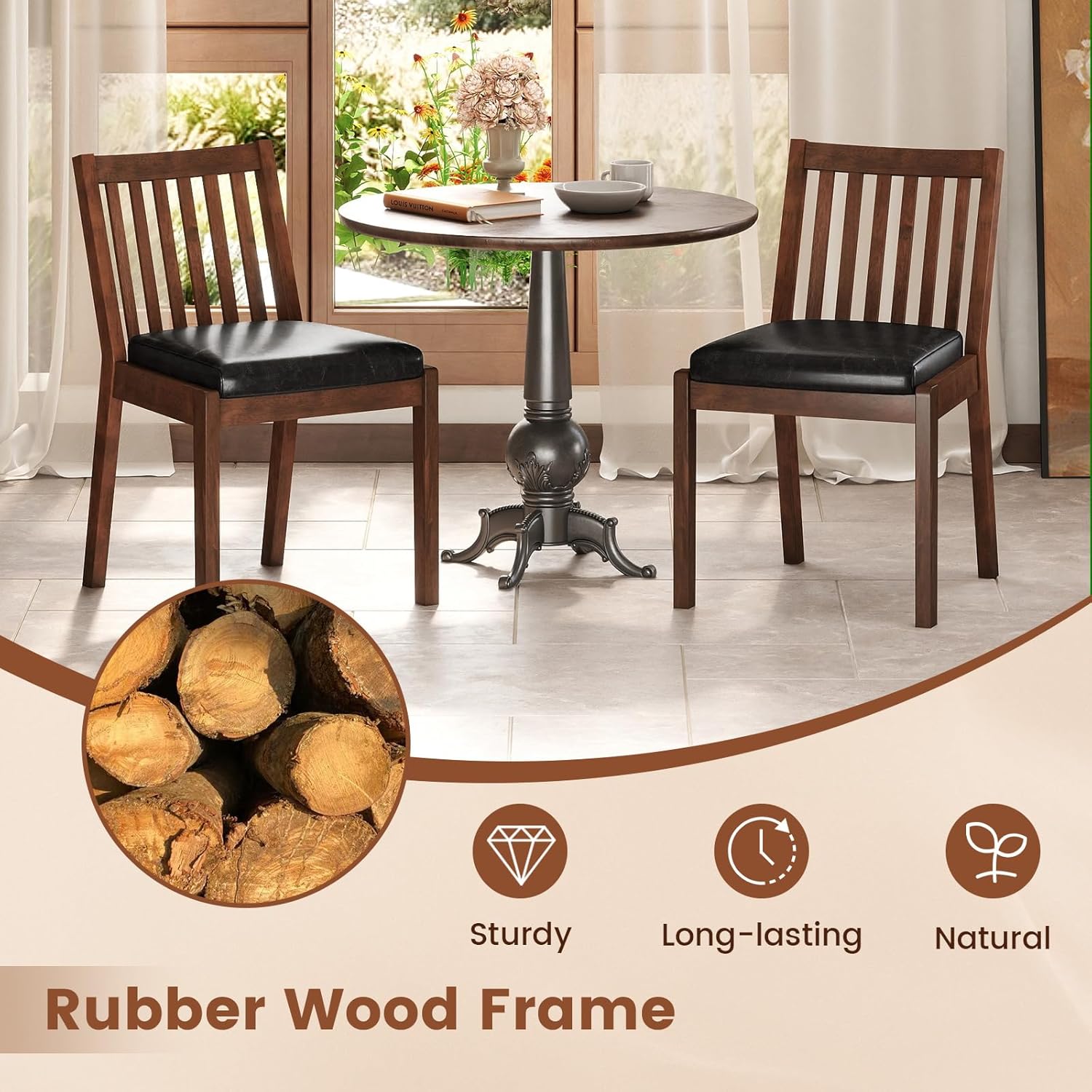 Giantex Wooden Dining Chairs Set of 2, PU Leather Upholstered Kitchen Chairs w/Rubber Wood Frame, Padded Seat, Slatted Backrest, Farmhouse Dining Side Chairs for Dining Room, Living Room