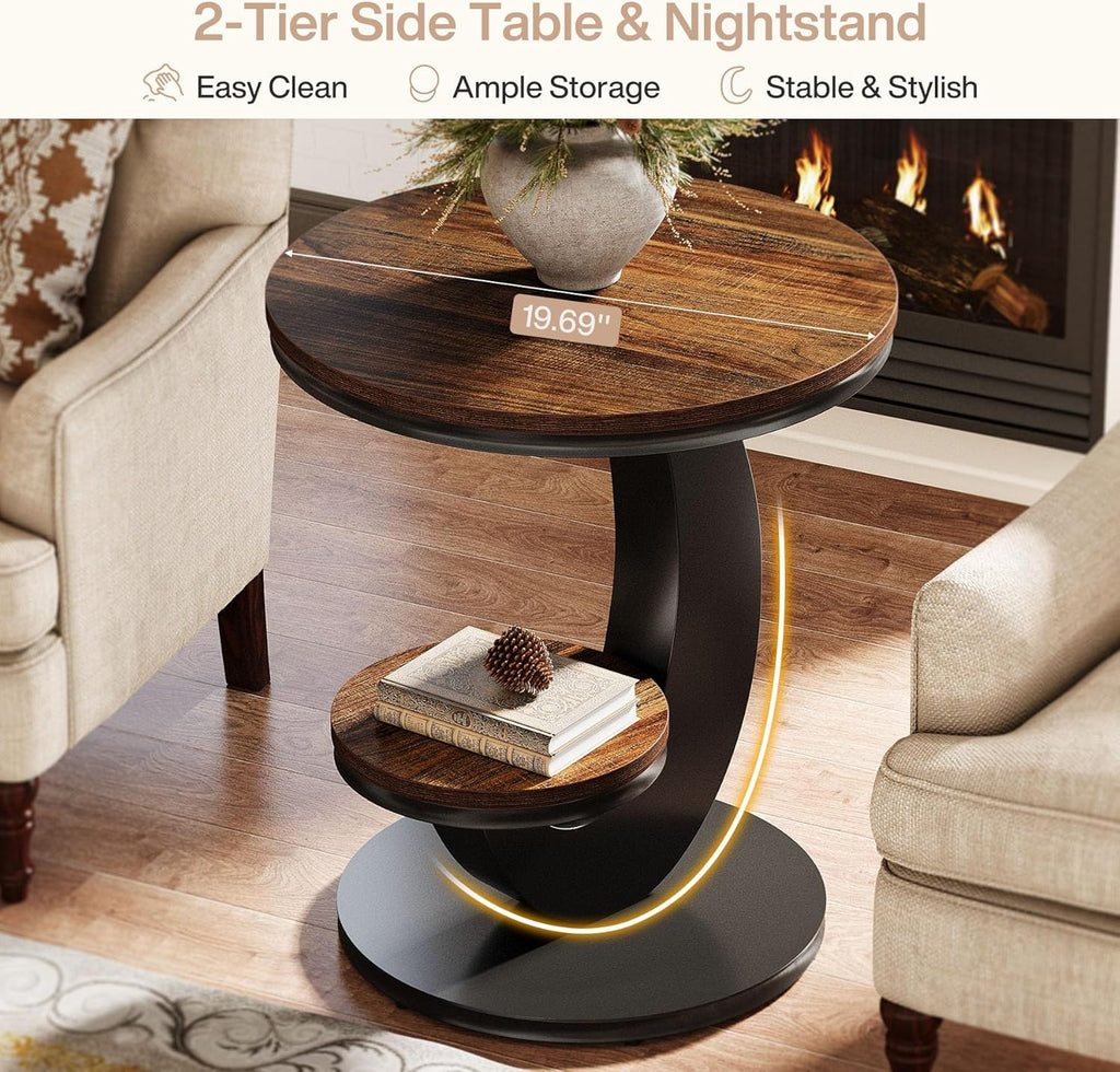 Tribesigns Round End Table, 2 Tiers Side Table with Storage Shelf, Sofa Side Bedside Nightstand with Wood Metal Arc-Shaped Frame for Small Spaces, Living Room, Bedroom, Easy to Assemble, Brown (1PCS)