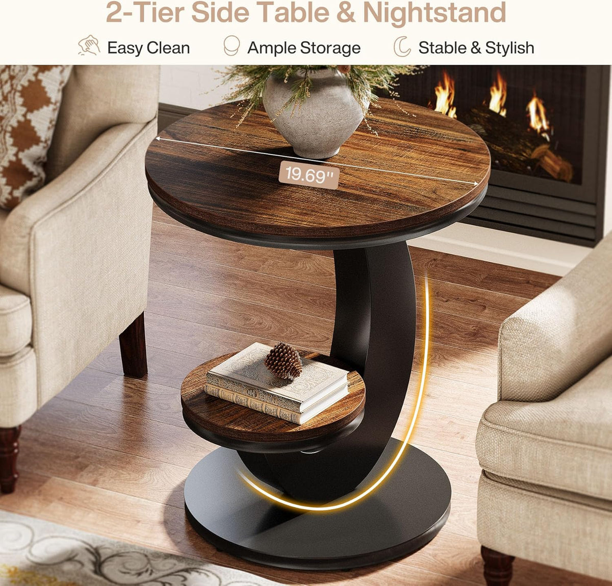 Tribesigns Round End Table, 2 Tiers Side Table with Storage Shelf, Sofa Side Bedside Nightstand with Wood Metal Arc-Shaped Frame for Small Spaces, Living Room, Bedroom, Easy to Assemble, Brown (1PCS)