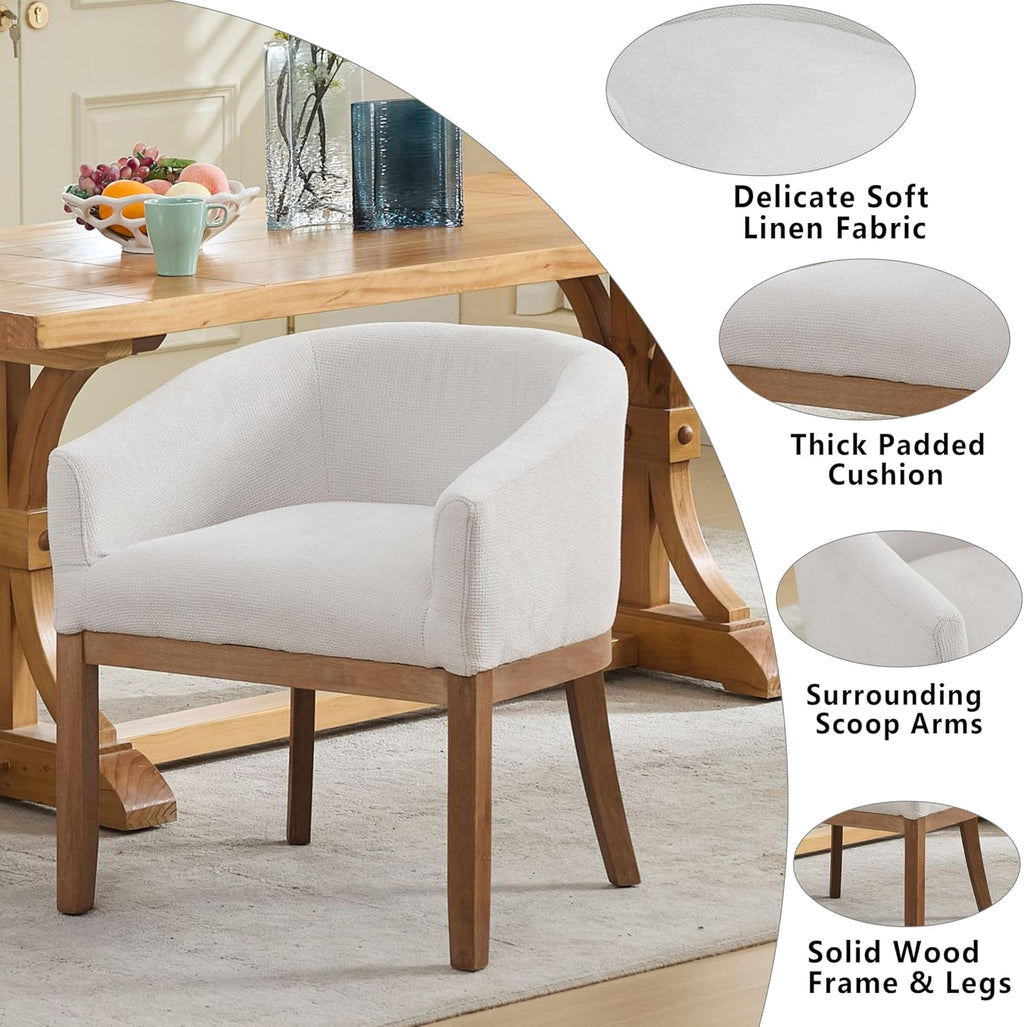 Upholstered Solid Wood Dining Chair,Neutral Linen Fabric Side Chairs for Kitchen,Dining Room,Living Room,Farmhouse Round Barrel Chairs,Minimalist Accent Chairs Natural Wood Frame (Beige, 1PC)