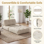 KOMFOTT Convertible Folding Sofa Bed with Pillow, Fold Out Sleeper Chair with Back Support, Tufted Corduroy Floor Sofa with Fixing Straps for Living Room Bedroom Guest Room (Beige)