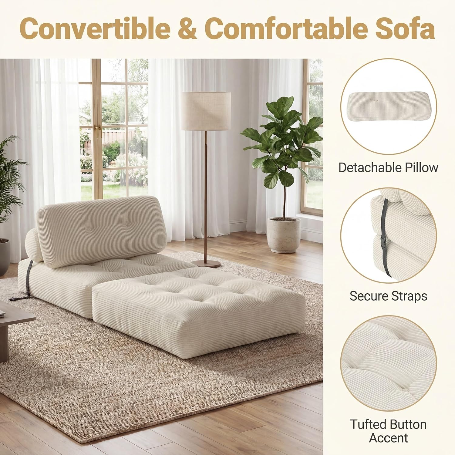 KOMFOTT Convertible Folding Sofa Bed with Pillow, Fold Out Sleeper Chair with Back Support, Tufted Corduroy Floor Sofa with Fixing Straps for Living Room Bedroom Guest Room (Beige)