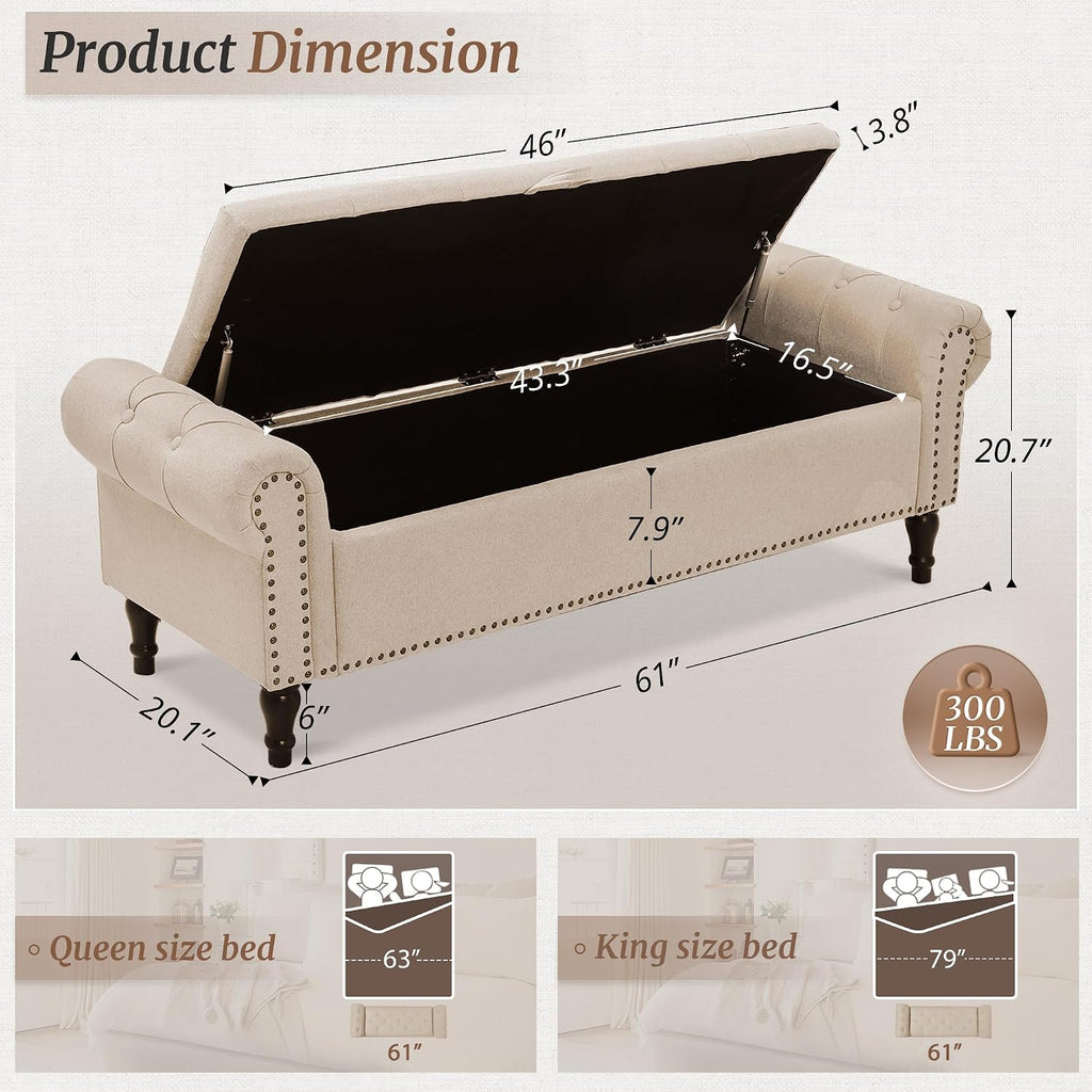 Cozyman Storage Bench Ottoman, 61" Long King Linen Rolled Arm Bedroom End of Bed Bench, Window Bench with Button Tufted and Nailhead Trim for Foot of Bed Bench, Bedroom, Entryway, Living Room, Wheat