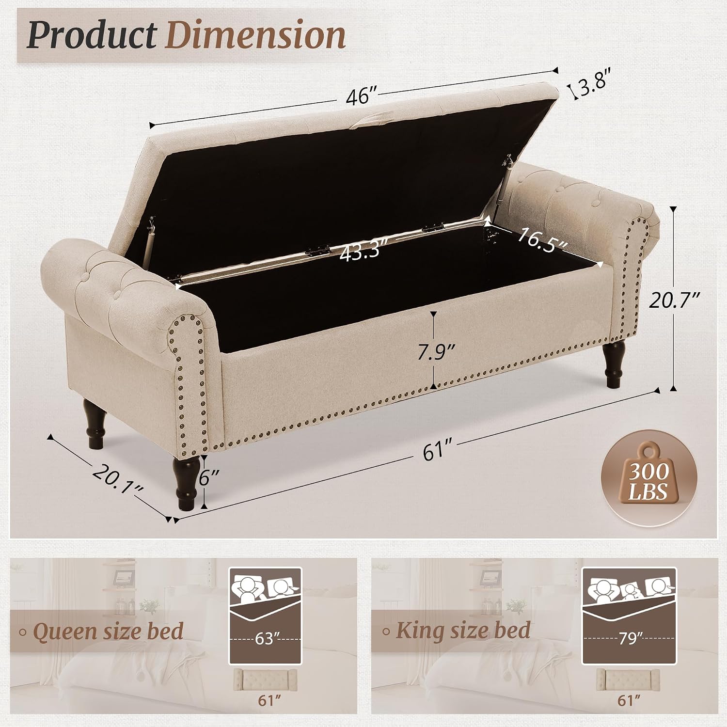 Cozyman Storage Bench Ottoman, 61" Long King Linen Rolled Arm Bedroom End of Bed Bench, Window Bench with Button Tufted and Nailhead Trim for Foot of Bed Bench, Bedroom, Entryway, Living Room, Wheat