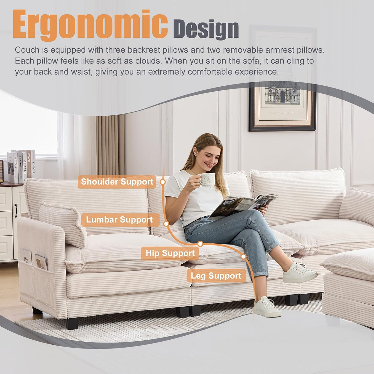 KIVENJAJA 103" Cloud Couch Sectional with Storage, L Shaped Sofa, Beige | 3 Seat, Side Pockets, Movable Ottoman, Corduroy, Deep Seat, Easy Assembly, for Living Room/Apartment