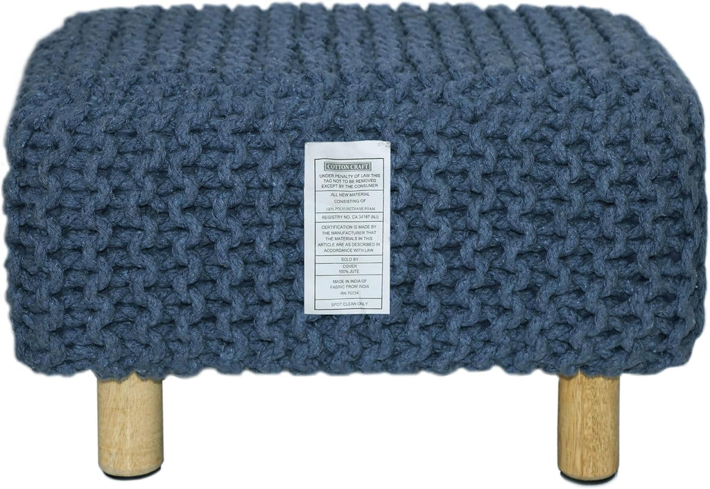 COTTON CRAFT Braided Footrest - Handknitted Dori Foot Stool with Sturdy Wood Legs – Handmade Boho Leg Rest - Small Spaces Under Desk Living Room Entryway Low Footstool Pouf - 16.5x12x9.5 - Blue