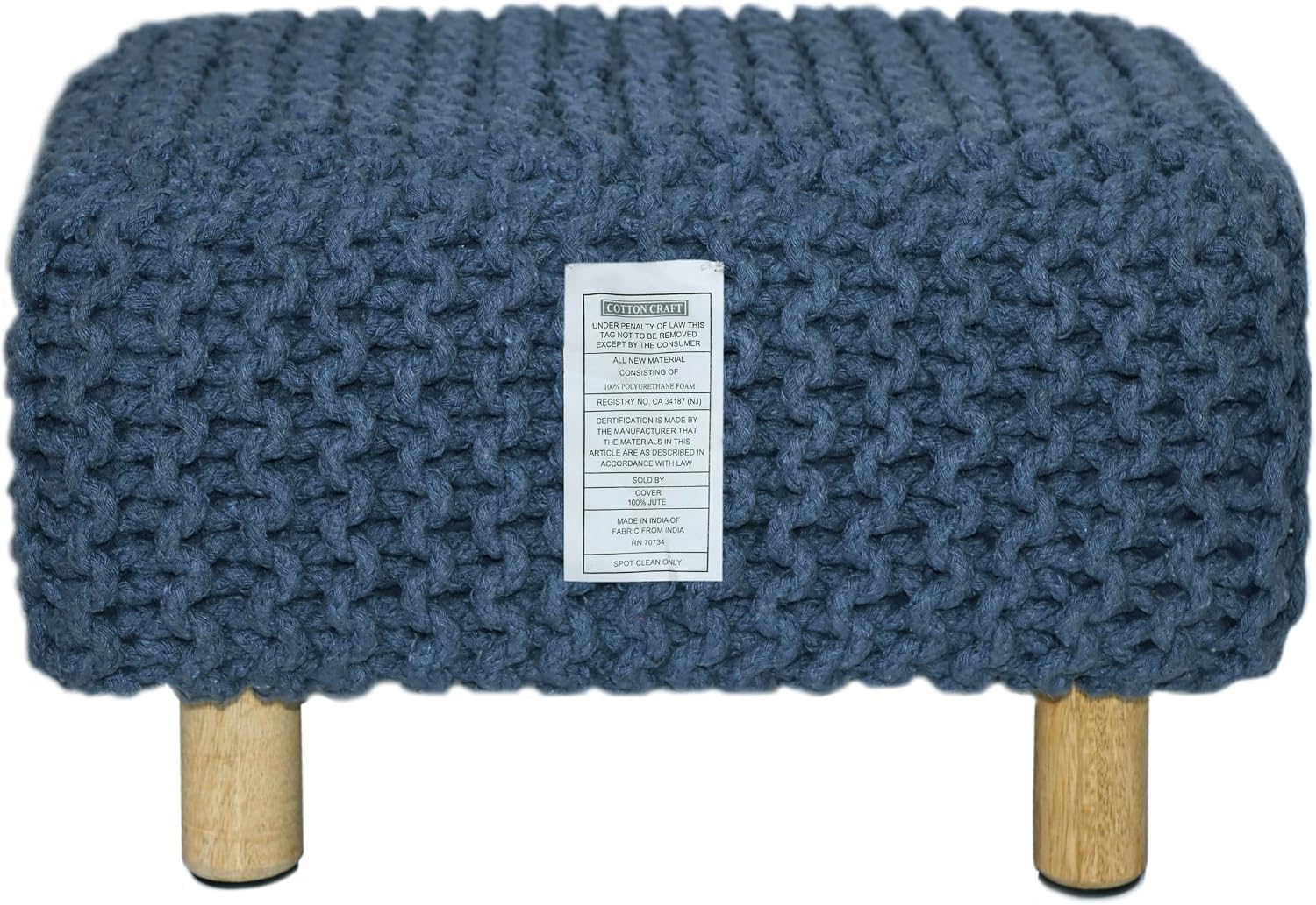 COTTON CRAFT Braided Footrest - Handknitted Dori Foot Stool with Sturdy Wood Legs – Handmade Boho Leg Rest - Small Spaces Under Desk Living Room Entryway Low Footstool Pouf - 16.5x12x9.5 - Blue
