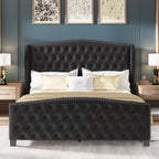 LARMACE King Size Bed Frame Velvet Upholstered Platform Bed with Wingback Headboard & Footbaord, Deep Button Tufted Bed Frame with Wood Slats Support, No Box Spring Needed, Black