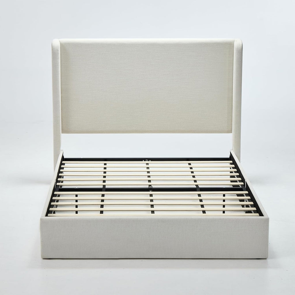 Queen 54" Tall Headboard Carmen Wingback Upholstered Platform Bed Frame Premium Canvas Chenille Elegant Simplicity for Bedroom No Box Spring Needed Easy Assembly No Noise Textured Ivory
