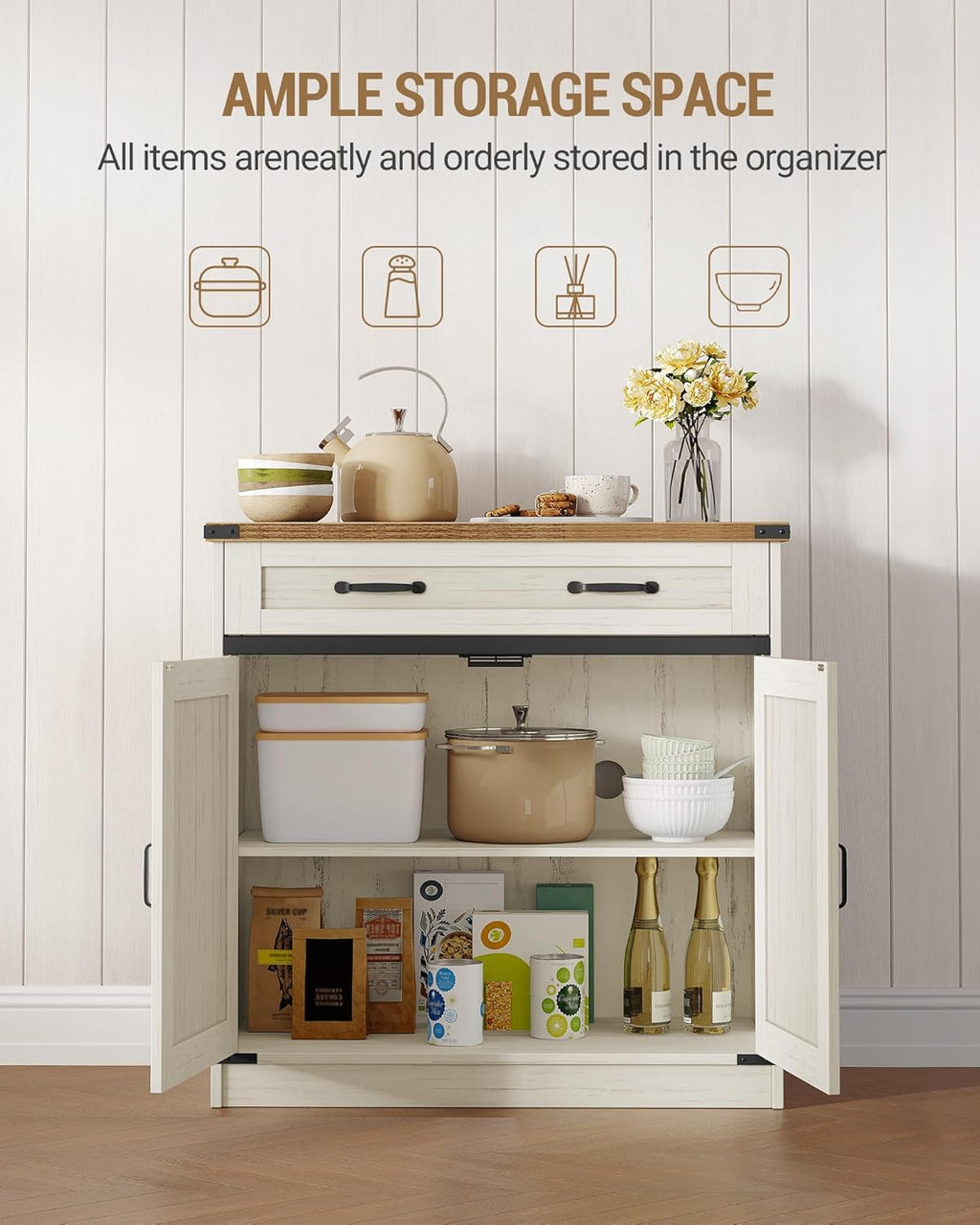 Hzuaneri Kitchen Storage Cabinet, Buffet Cabinet with Storage, Modern Farmhouse Sideboard Cabinets with Drawer, 31.5" Coffee Bar Cabinets with Doors & Adjustable Shelves, for Kitchen, White Brown