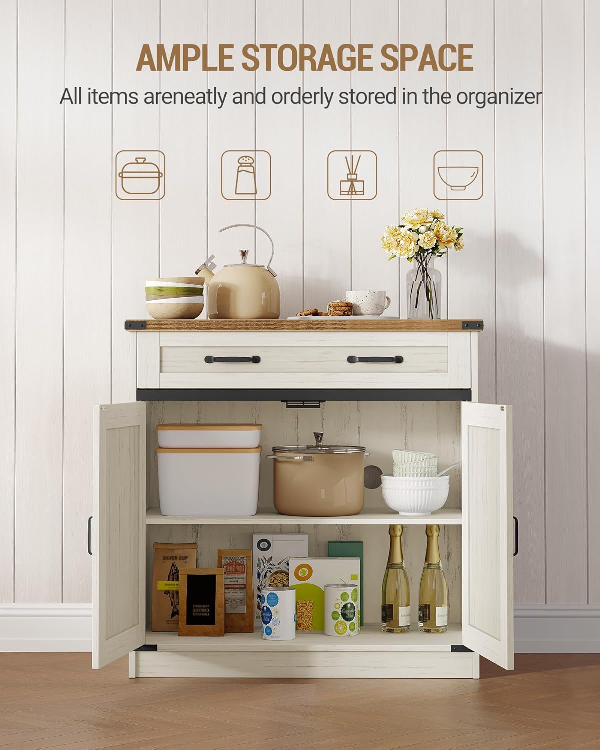 Hzuaneri Kitchen Storage Cabinet, Buffet Cabinet with Storage, Modern Farmhouse Sideboard Cabinets with Drawer, 31.5" Coffee Bar Cabinets with Doors & Adjustable Shelves, for Kitchen, White Brown