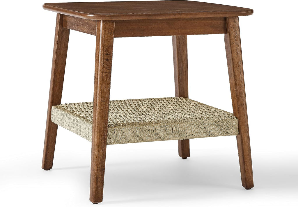 NewCosmos 23" Mid-Century Side Table with Woven Shelf, Boho Side Table with Storage, Bedside Tables, Small Side Table for Living Room Couch Bedroom Patio Home Office