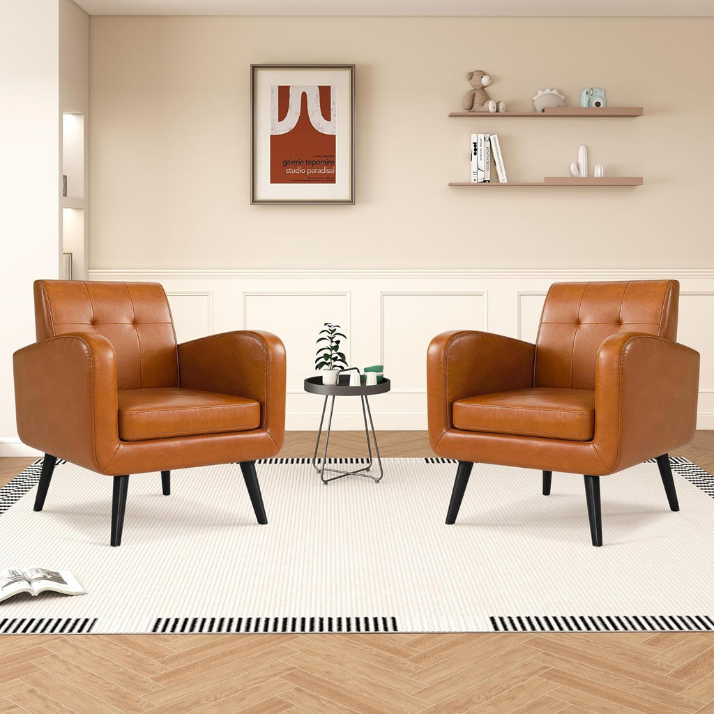 LSSPAID Accent Chair, Modern PU Leather Living Room Chairs, Comfy Upholstered Armchairs Single Sofa Chair with Solid Wood Legs for Apartment, Office, Brown