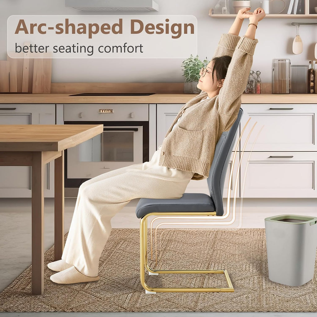 cinkehome Modern Gray Dining Chairs Set of 4 with Gold Metal Legs, High Back Upholstered Armless Side Chair for Kitchen, Dining Room, Faux Leather