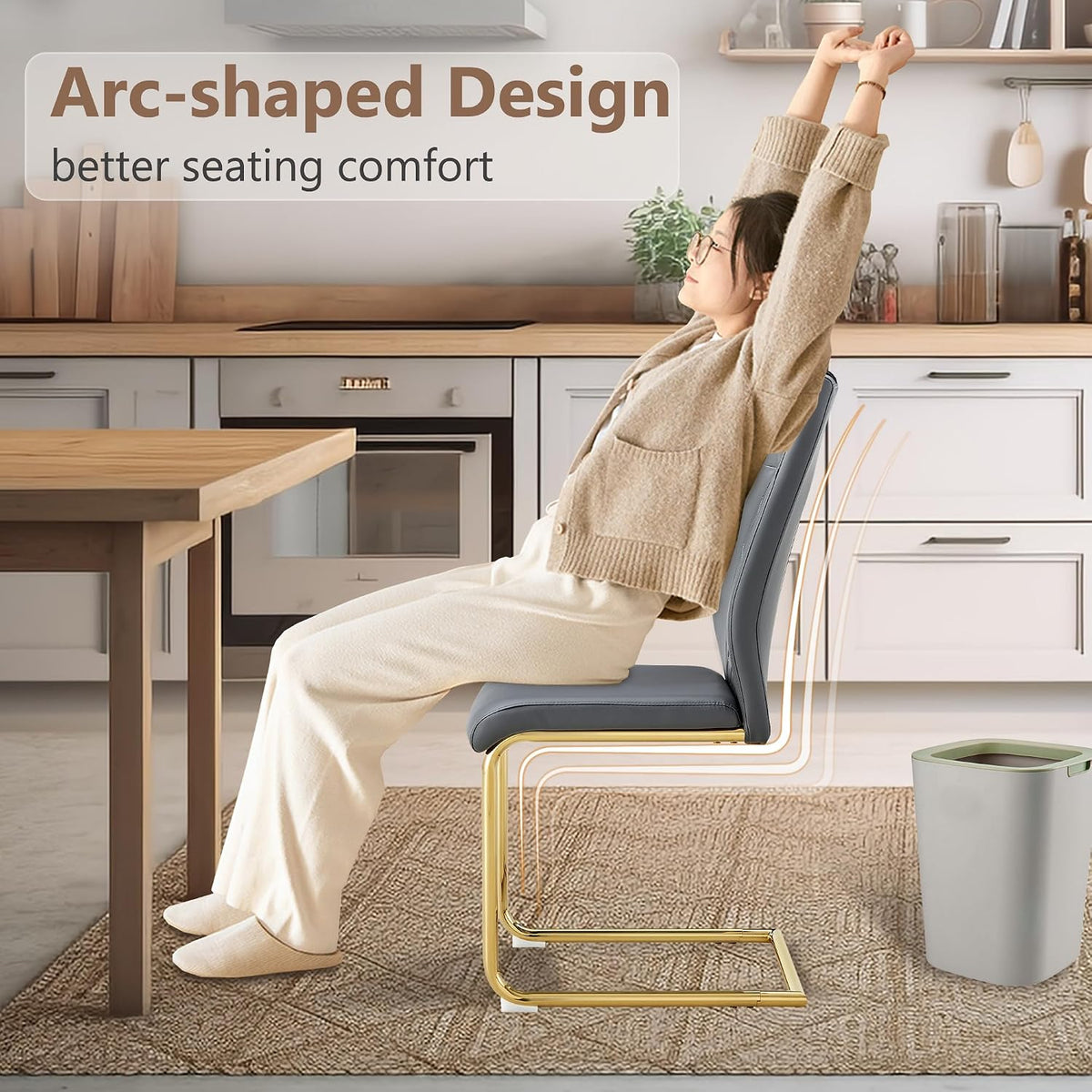 cinkehome Modern Gray Dining Chairs Set of 4 with Gold Metal Legs, High Back Upholstered Armless Side Chair for Kitchen, Dining Room, Faux Leather