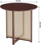 Small Round Coffee Table – 31.5" Solid Wood & Rattan Coffee Table, Modern Rustic Low Accent Table for Living Room, Boho Style, Walnut Height 29"