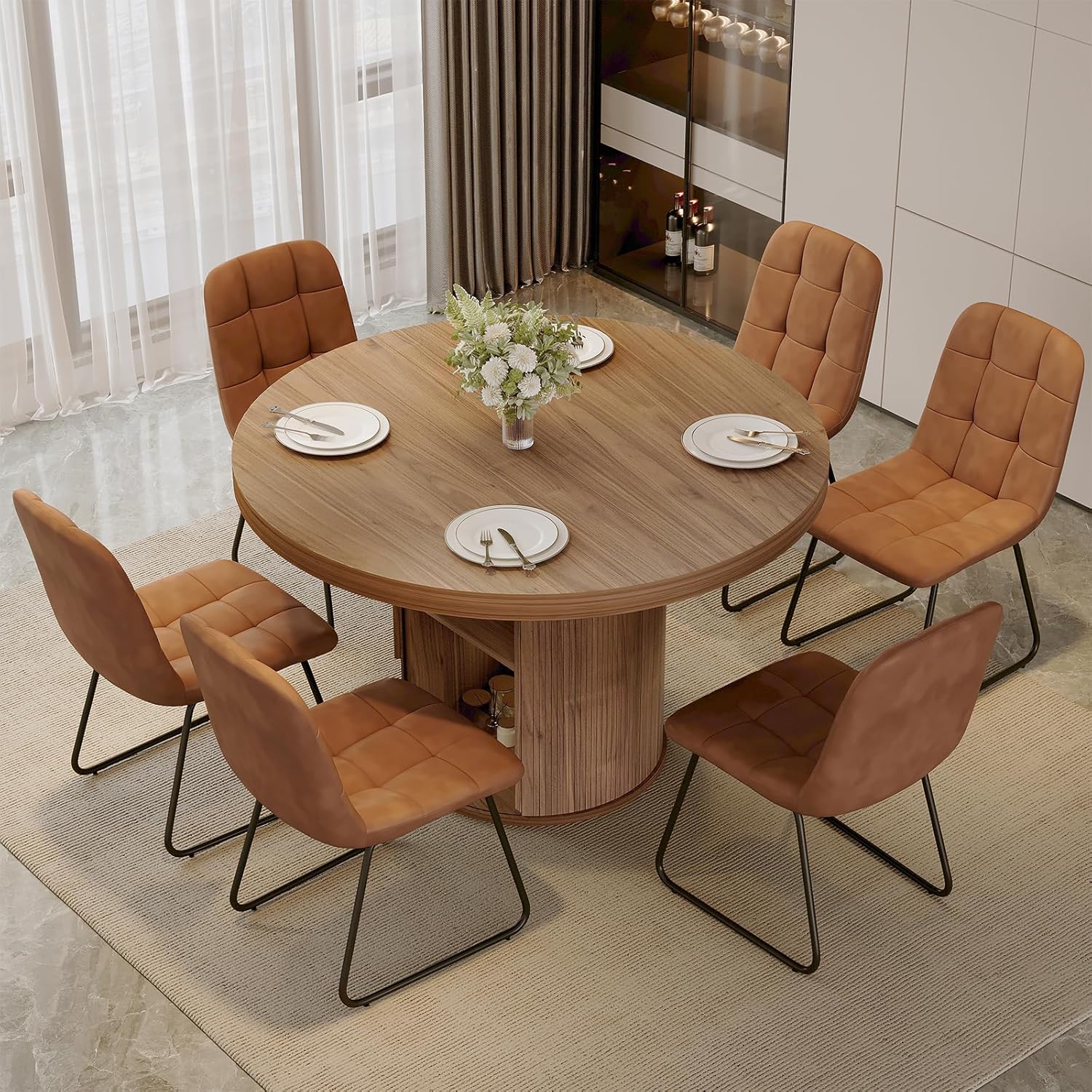 5-Piece Dining Set for Small Spaces 43.3" Round Table & 4 PU Leather Chairs, Modern Farmhouse with Storage Shelf, Apartment Kitchen Easy Assembly (Walnut Color Round Table + 4 U-Shaped Brown Chairs)