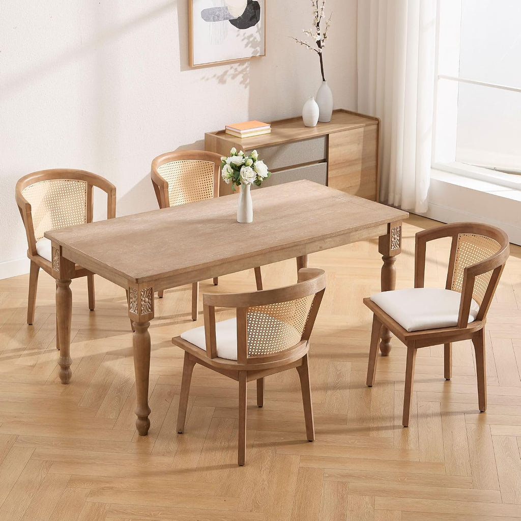 BESTANO Rattan Dining Chairs Set of 4, Mid Century Modern Farmhouse Wood Dining Room Chairs, Upholstered Comfortable Kitchen Dining Side Chair with Cane Woven Back, Beige Linen