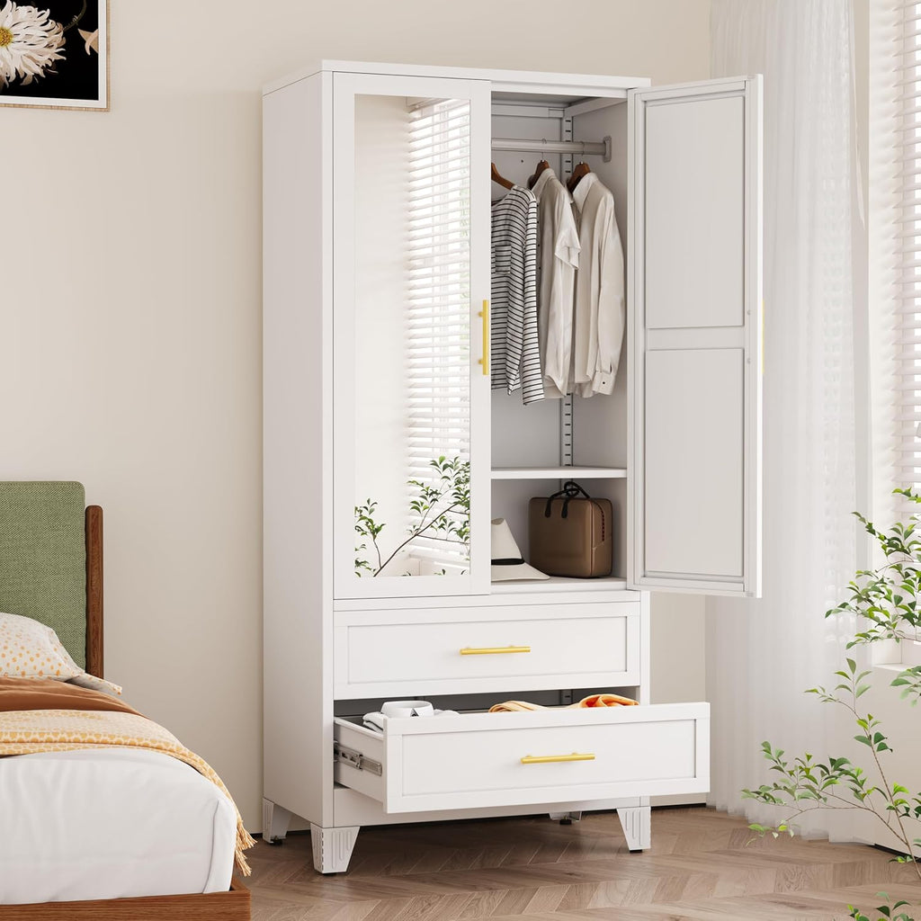 winiowa Metal Armoire Wardrobe Closet with 2 Drawers, 71" Wardrobe Cabinet with Adjustable Shelves and Hanging Rod, Clothing Storage Cabinet Closet with Mirror for Bedroom-White