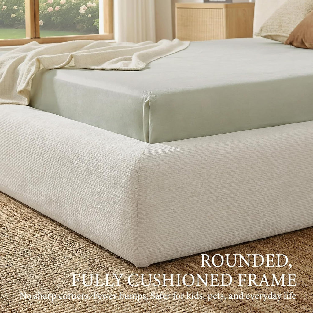 XIAO WEI King Cloud Bed Frame, Upholstered Platform Bed Frame with Headboard, 5.9" Thick Fully Padded Frame, White Ribbed Chenille Fabric, Noise-Free, No Box Spring Required, Easy Assembly