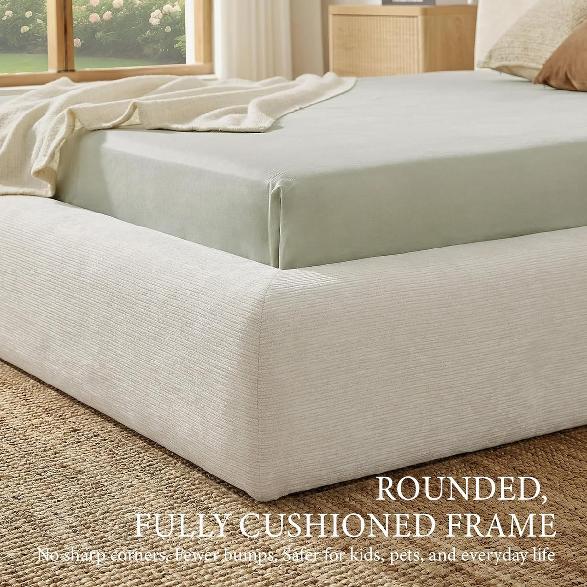 XIAO WEI King Cloud Bed Frame, Upholstered Platform Bed Frame with Headboard, 5.9" Thick Fully Padded Frame, White Ribbed Chenille Fabric, Noise-Free, No Box Spring Required, Easy Assembly