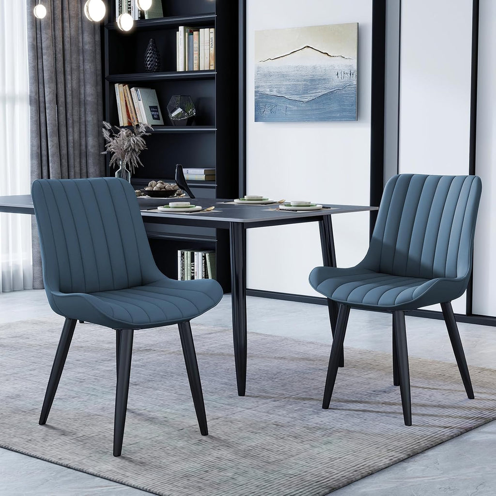 Mid-Century Modern Dining Chairs Set of 2, PU Leather Kitchen Chairs with Soft Cushion and Metal Legs, Upholstered Armless Accent Chair Side Chair for Dining Room/Guest/Reception Room/Cafe (Blue)