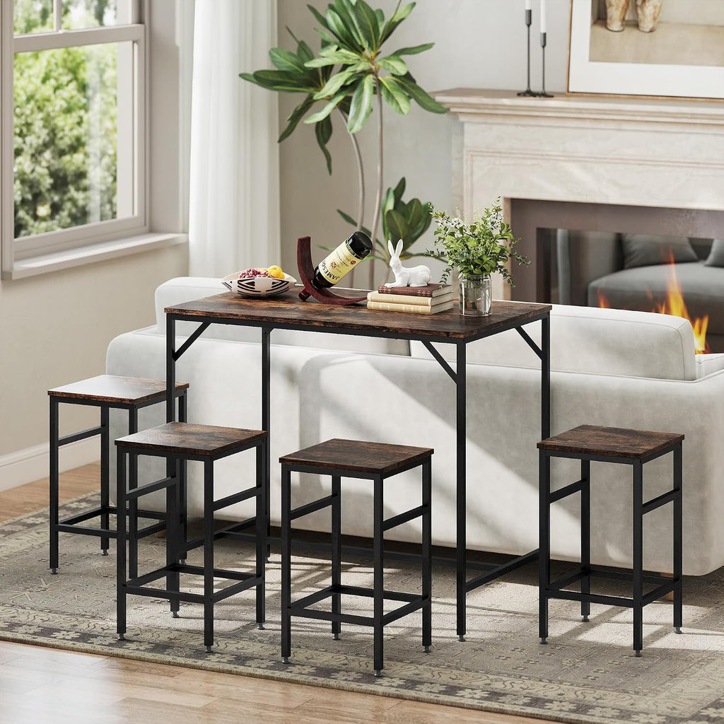 HOMCOM 5-Piece Industrial Dining Table Set, Bar Table Chair Set Black/Brown | 4 Stools Included, Space Saving, Pub & Kitchen