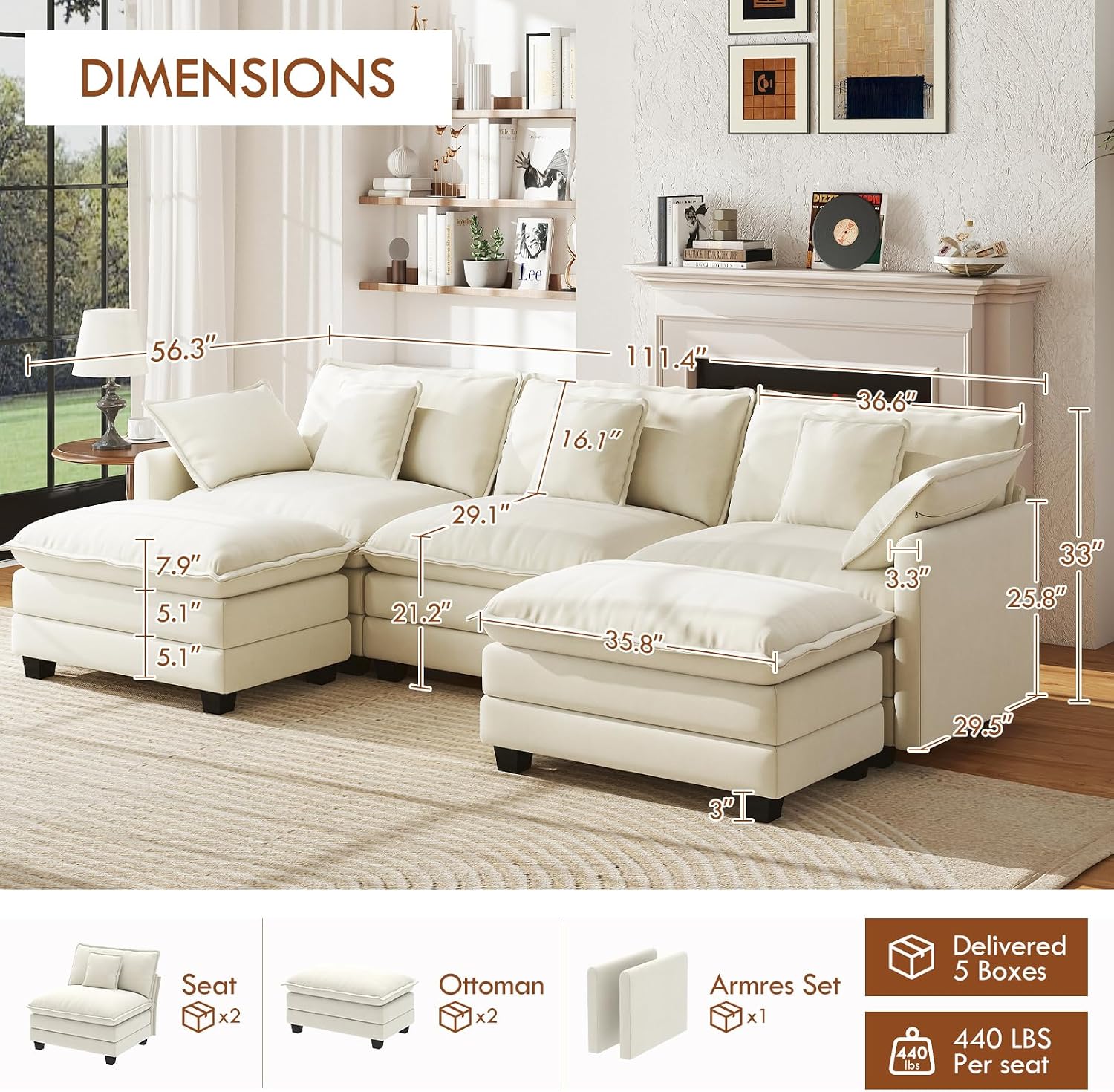 WorthFurni 111.4" Modular Sectional Sofa, U Shape Cloud Couch with 2 Movable Ottoman, Comfy Chenille Deep Seat Sofa with Soft Pillows for Living Room Bedroom Apartment (Beige)