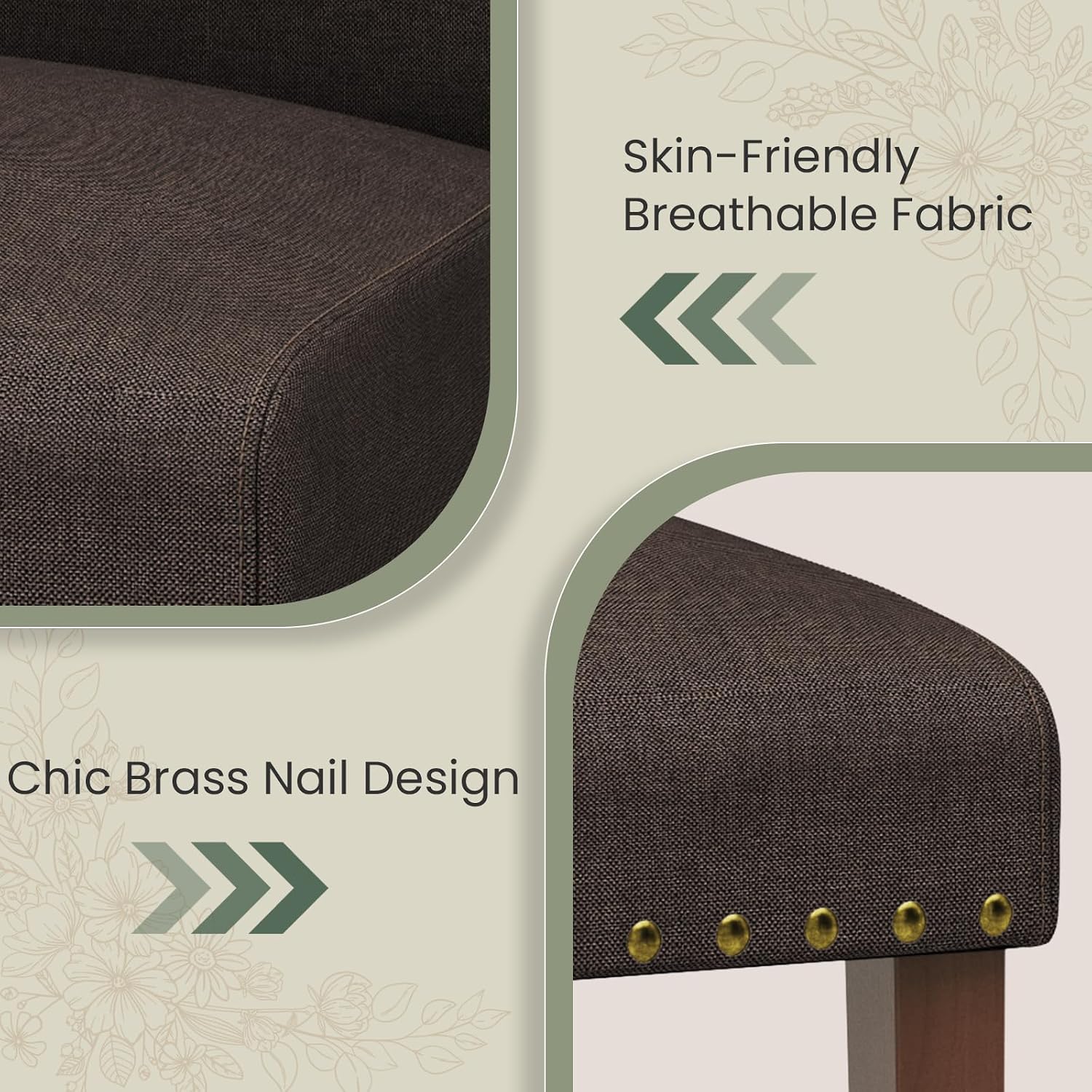 TLSUNNY Upholstered Dining Chairs Set of 2/4, Tufted Parsons Design with Nail Head Trim, Solid Wood Legs and Padded Seat, Comfortable Fabric for Dining Room, Kitchen (Brown, Set of 4)