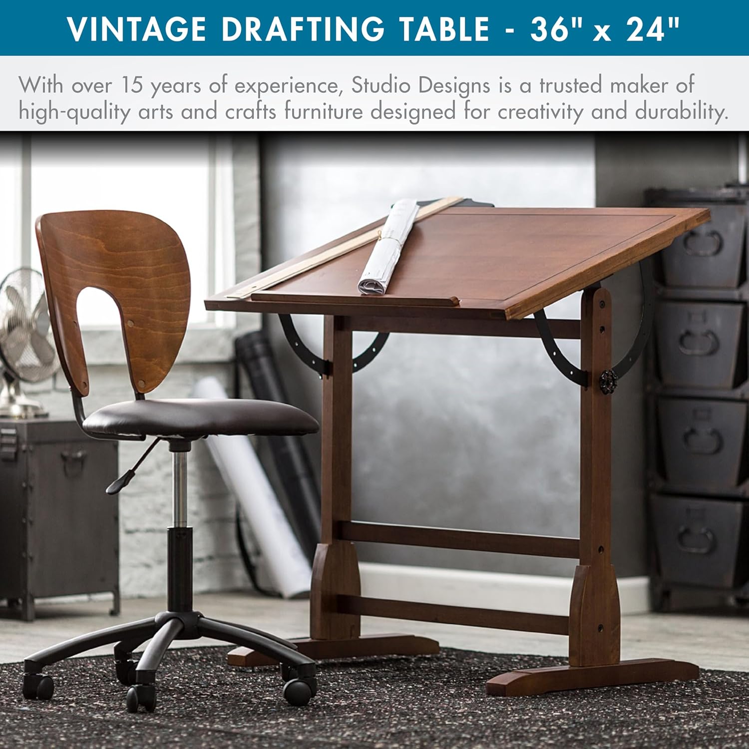 Studio Designs Vintage Rustic Oak Drafting Table, Top Adjustable Drafting Table Craft Table Drawing Desk Hobby Table Writing Desk Studio Desk, 36''W x 24''D