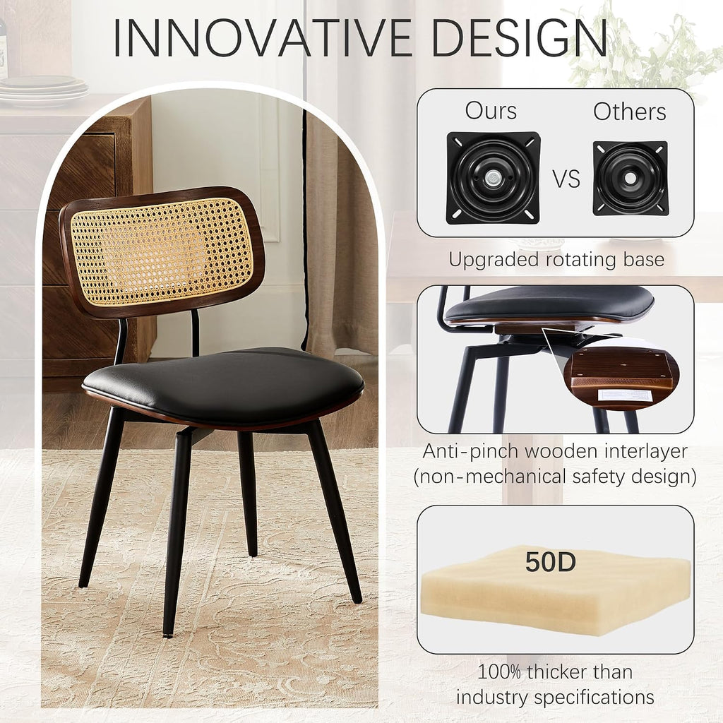 Dining Chairs, Swivel Dining Chairs Set of 6, Faux Leather & Rattan Walnut Dining Room Chairs, Bentwood & Metal Frame Upholstered Chairs with 360°Rotation, Modern Kitchen/Living Room Chair (Black)