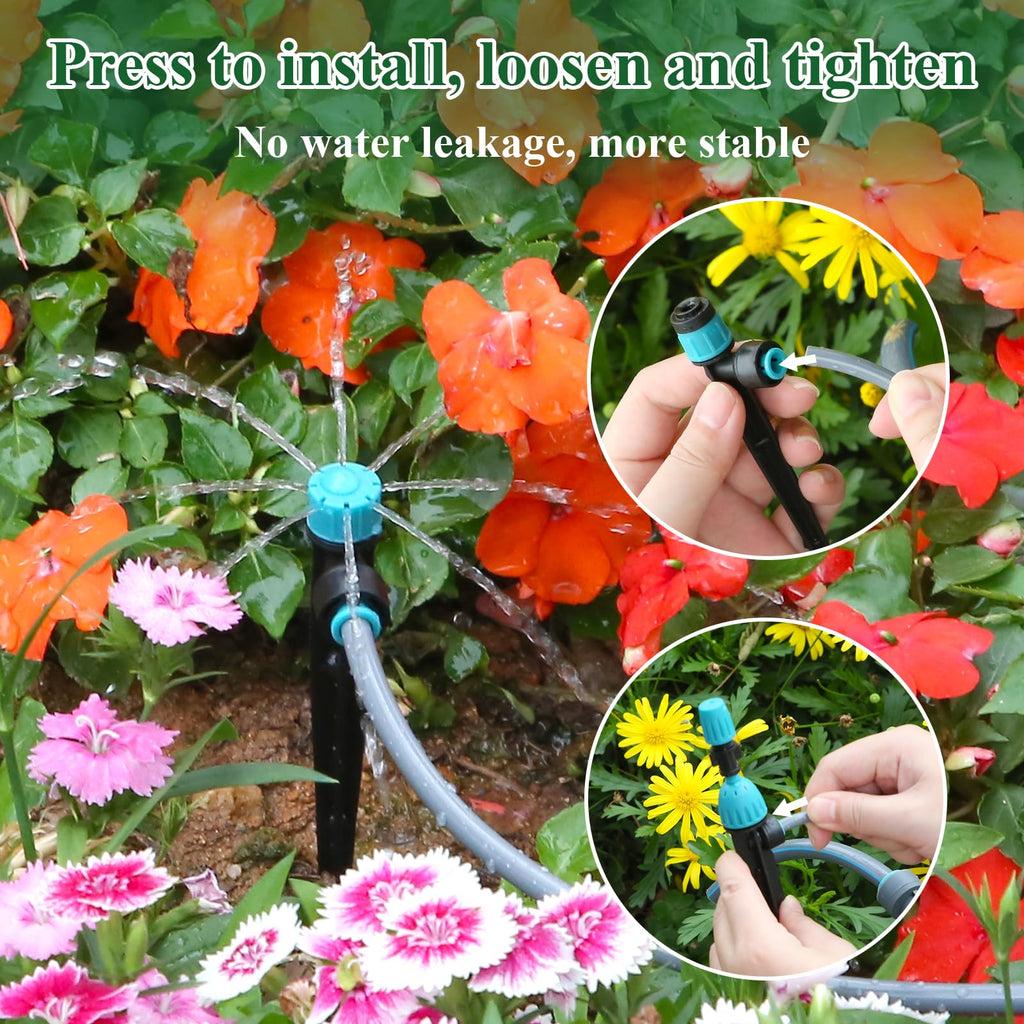 TRJZWA 150FT Drip Irrigation System Kit with 2 Zone Water Timer for Garden