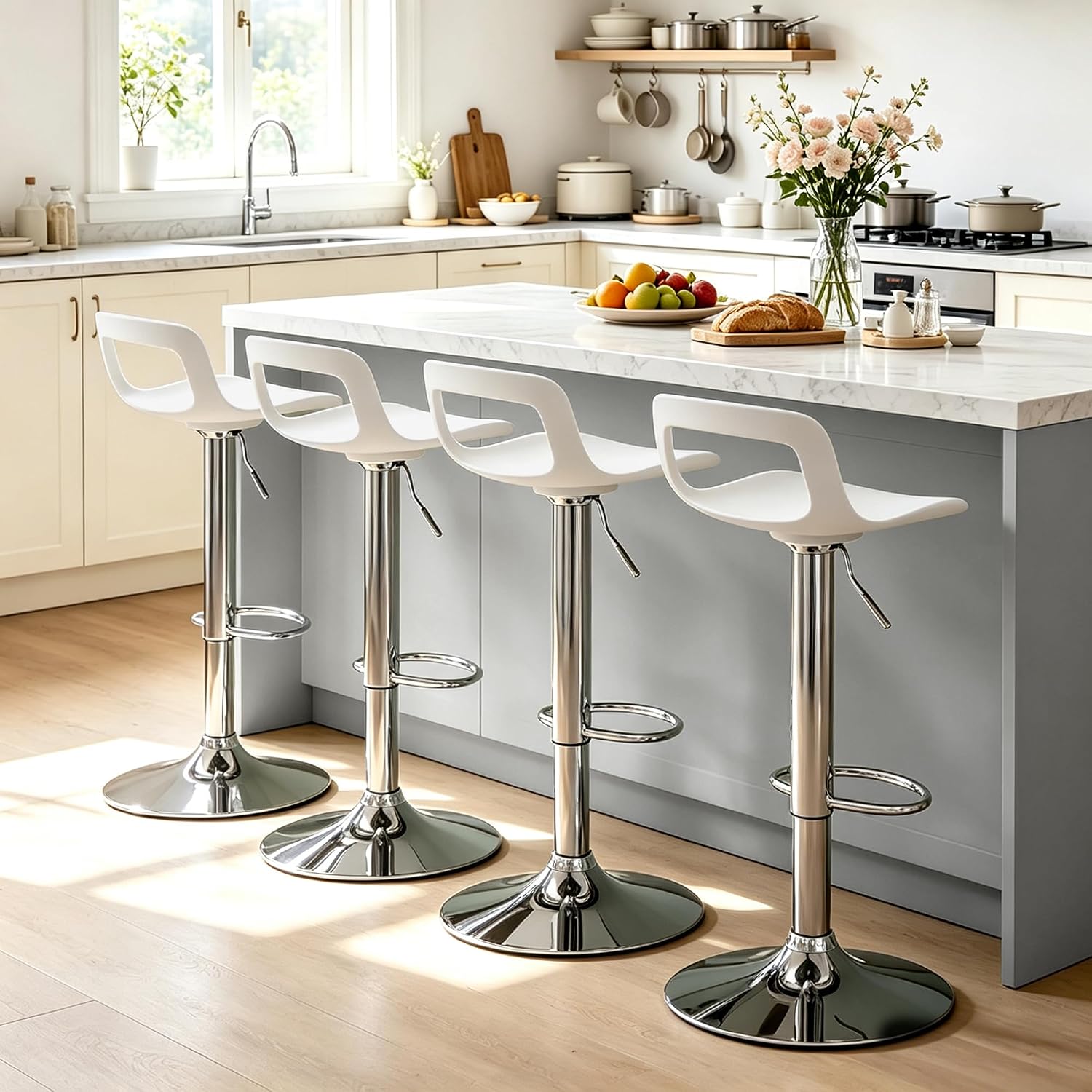 NOBPEINT NOB Contemporary Chrome Air Lift Adjustable Swivel Bar Stool (6 Pieces, White)
