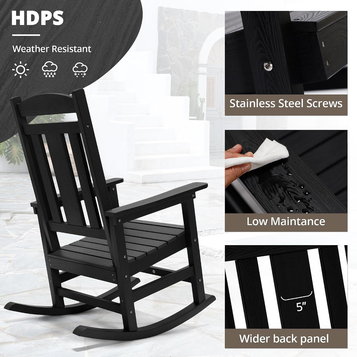 LUE BONA Outdoor Rocking Chairs Set, 3-Piece, HDPS Poly Porch Rockers with Table, Plastic Weather Resistant Rocking Chair Set for Outdoor Indoor, Garden, Backyard, 350lb, Black Chairs+Table
