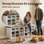 AMONIDA Shoe Storage Bench with Cushion, Entryway Bench with Shoe Storage,18 Cubby Shoe Bench with Removable Dividers, Shoe Organizer Bench for Entryway, Living Room, Light Grey (18, White)