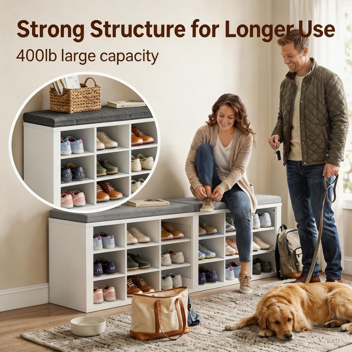 AMONIDA Shoe Storage Bench with Cushion, Entryway Bench with Shoe Storage,18 Cubby Shoe Bench with Removable Dividers, Shoe Organizer Bench for Entryway, Living Room, Light Grey (18, White)