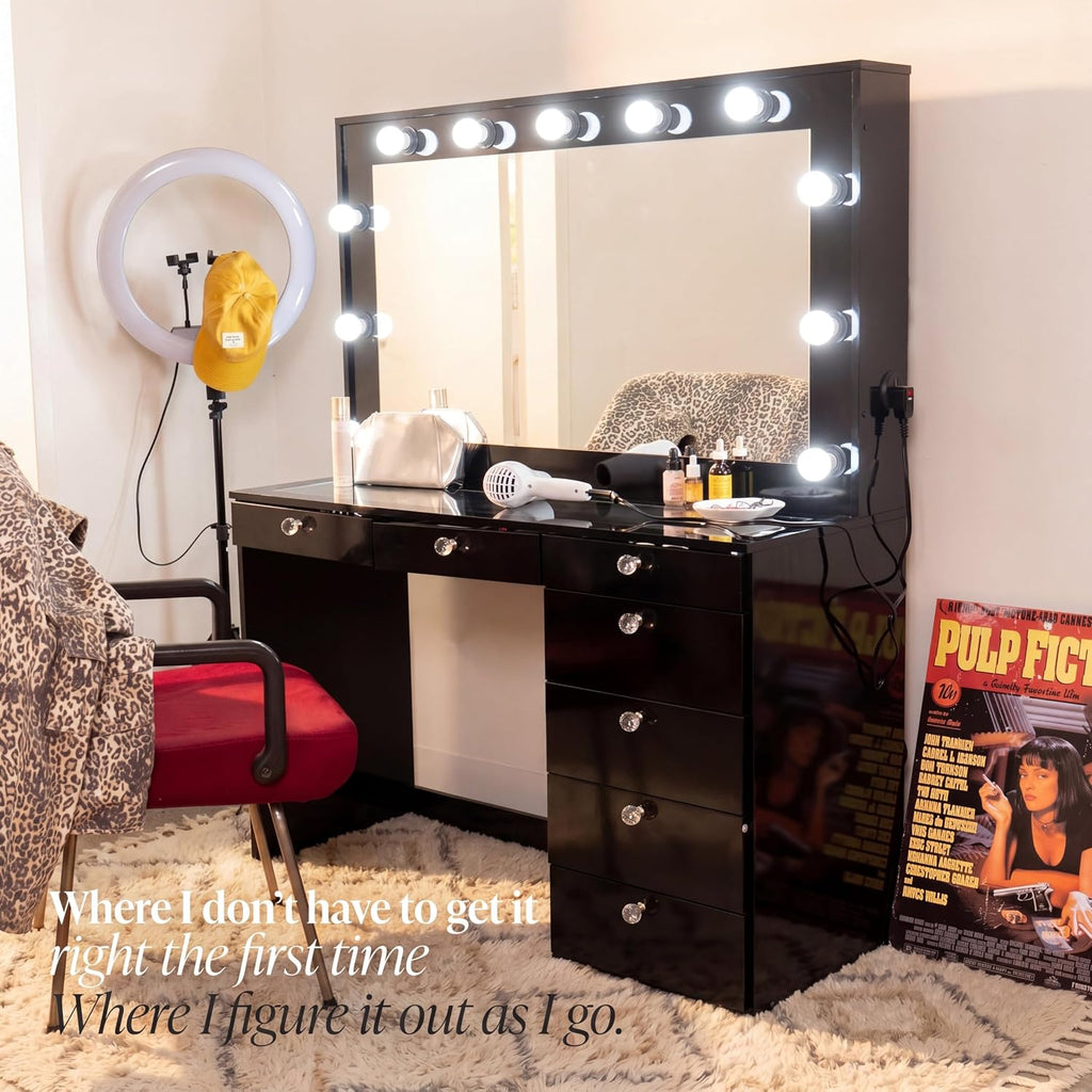 Boahaus Luna Vanity Desk with Framed Bulb Mirror – 7 Drawer Integrated Makeup Station