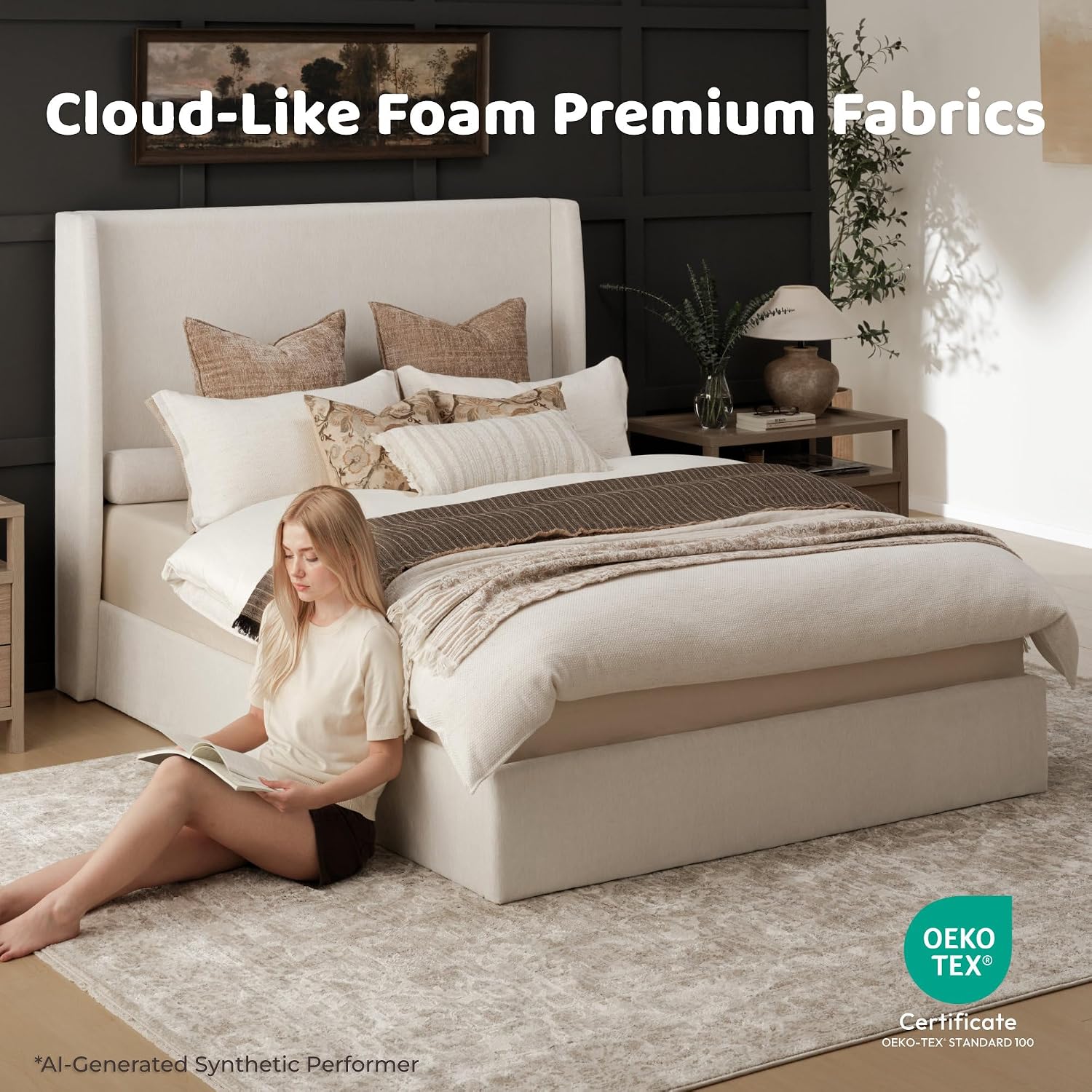 RECCI Queen Bed Frame with 53'' Extra Tall Wingback Headboard, Low Profile Grounded Upholstered Platform Bed Frame, Squeak-Free, Easy Assembly, No Box Spring Needed, Beige