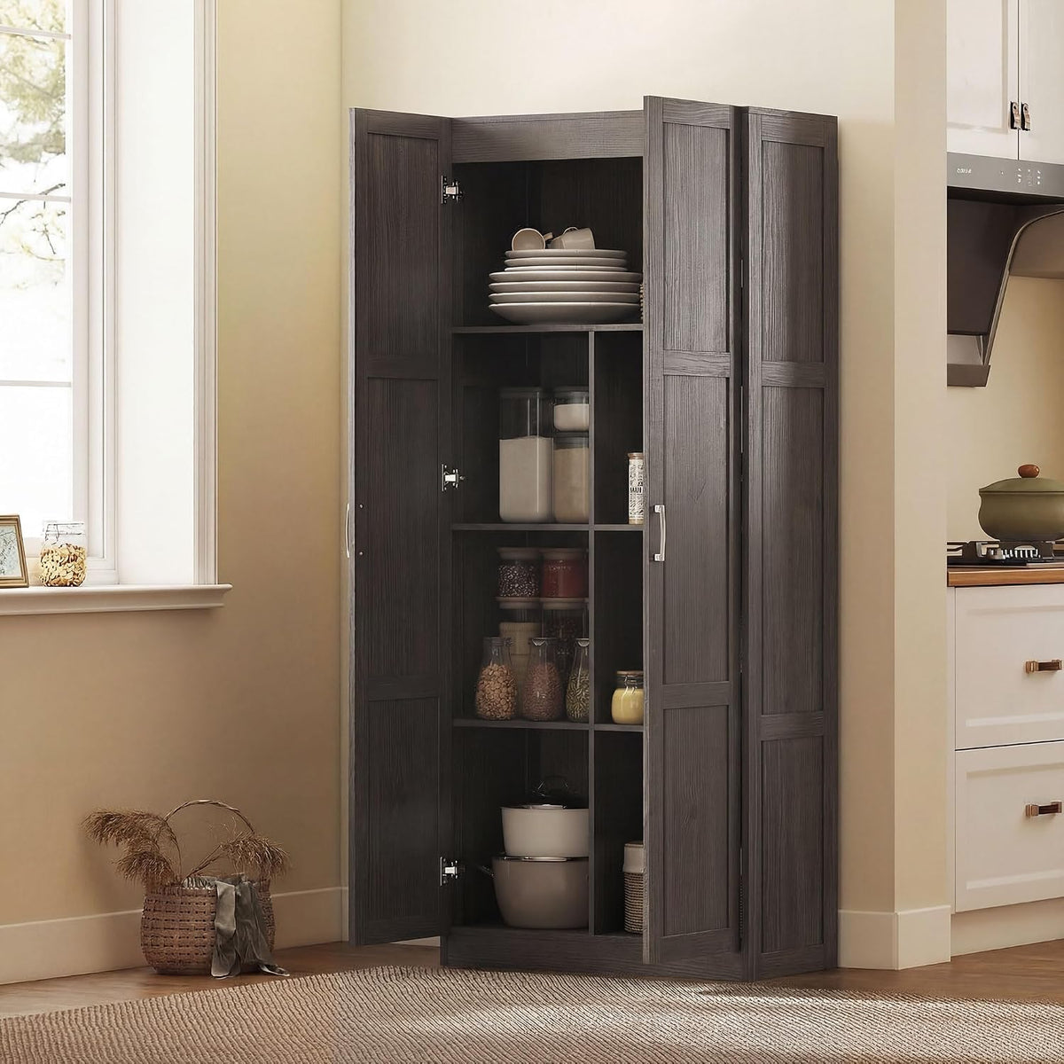 HOMCOM 71" Tall Kitchen Pantry Cabinet with 4 Adjustable Shelves Espresso | Large Multipurpose Storage Cabinet, Modern Farmhouse Freestanding Food Pantry, Framed Doors, Soft-Close Hinges