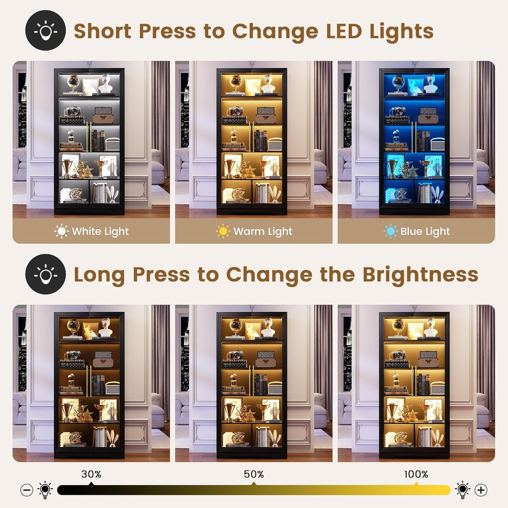 LVSOMT Bookcase with Glass Doors and LED Light, Home Office Bookshelf Black