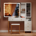 Extra Large Modern Makeup Vanity Table Set with Sliding Lighted Mirror, Charging Station, Cushioned Stool, 5 Hidden Storage Drawers & Matching Nightstand for Women(White - Sliding Mirror)