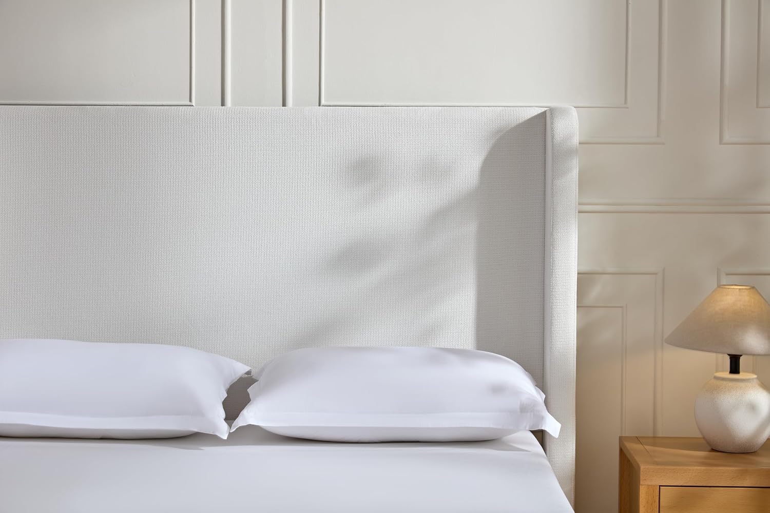 Queen Size Upholstered Bed Frame, 54" High Headboard Carmen Wingback Bed Frames, Tall Headboard Floor Platform Beds, No Box Spring Needed No Noise, Simplicity Minimalist, Cream White