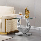 Luxury Glass End Table, 22.8" Sofa Side Table with Silver Ring-Shape Stainless Steel Frame and Clear Glass Top, Cocktail Tea Table, Modern Square End Table for Home Office